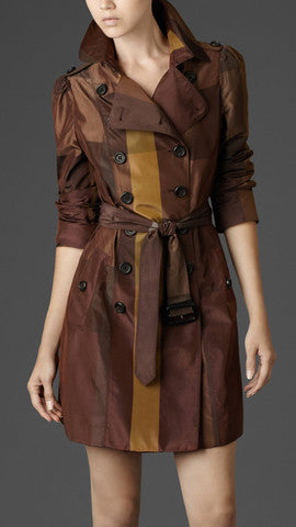 Double Breasted Check Silk Blend Trench Coat